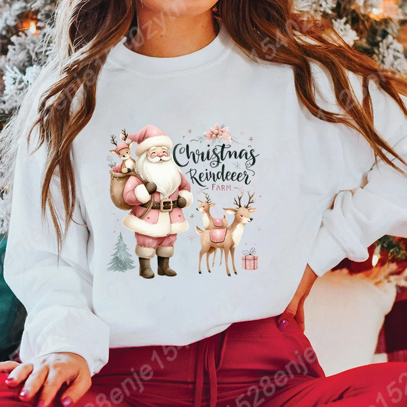 Santa Christmas Reindeer Farm Print Sweatshirts Autumn Winter Long Sleeve Round Neck Casual Pullovers Women Hoodless Sweatshirts