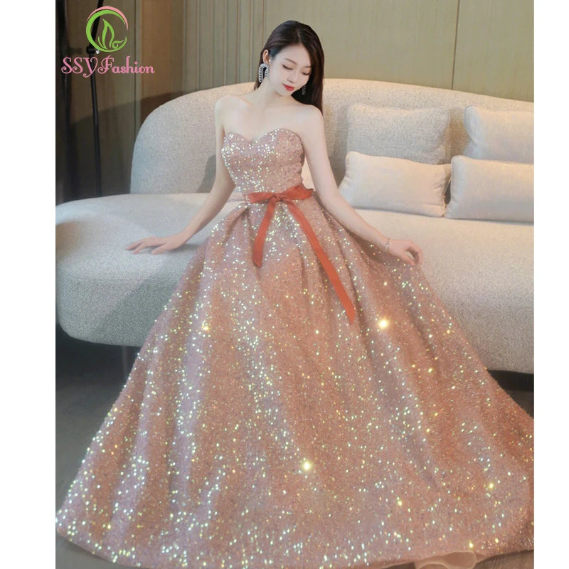 

SSYFashion New Luxury Sequins Evening Dress for Women Sexy Sweetheart Strapless Sparkling Formal Party Gowns Vestido De Fiesta