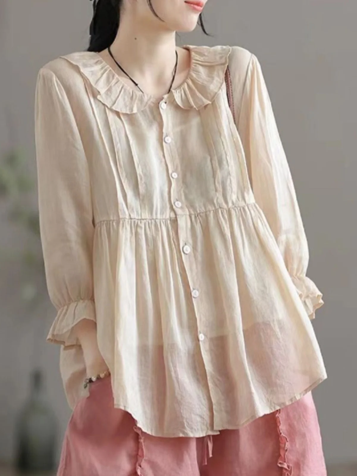 Baumwoll-Leinen ort Sve irt Damen-Oberteil mit lockerem Puppenkragen und einem Knopf, faionable, bequem, atmungsaktiv, Sommer-Irt
