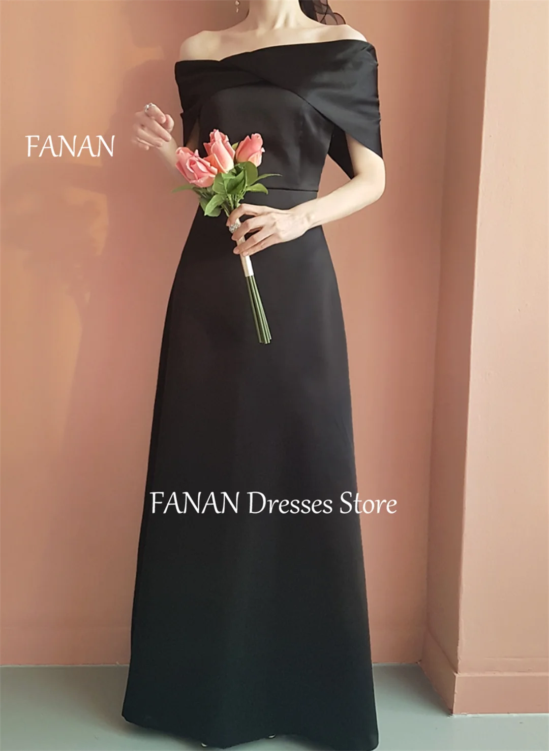 FANAN Off Shoulder Satin Short Sleeves Evening Party Dresses Customized Korea Black Wedding Women Formal Gowns Event Prom Gowns