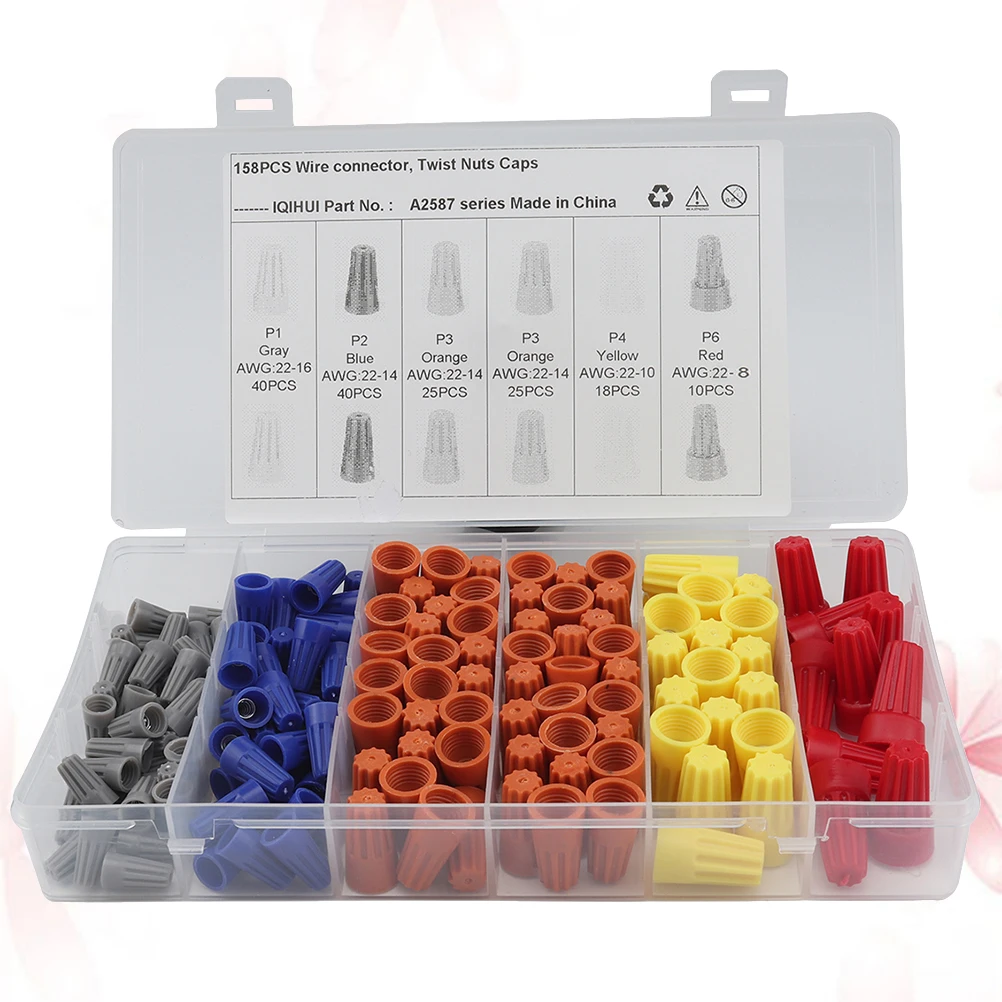 

158 Pcs Electrical Wire Connector Nuts Cap Spring Insert Terminal Screw Wire Reusable PVC Insulating Various Gauges