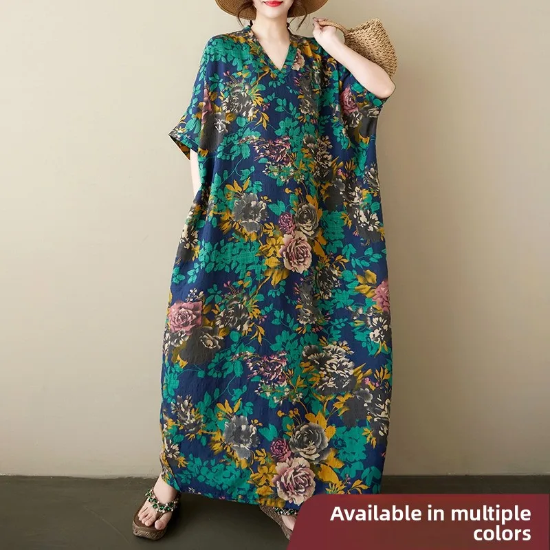 

N повседневное хлопково-льняное платье женское большого размера V-Ne Long Sve летнее новое художественное платье в стиле ретро свободного покроя макси Dr