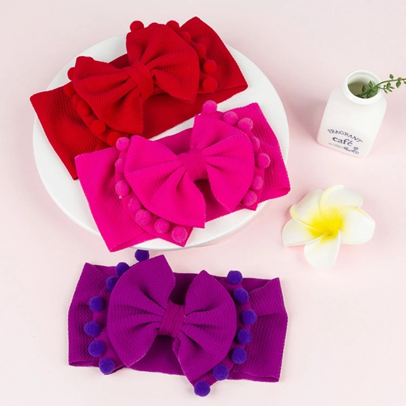 Bandeau à nœud papillon pour bébé fille, Turban élastique doux coloré, bandeau de princesse, pompon boule, Double couche, pour nouveau-né