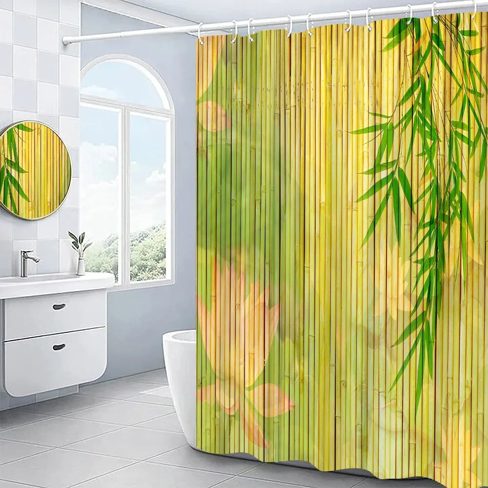 3D Bamboo Shower Curtain Set Wood Grain Pattern Flowers Lotus Painting Bathroom Decor Polyester Fabric Bath Screens Cortina Baño