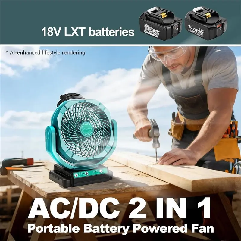 YCOC-Industrial Grade Cordless Battery Powered Fan For Makita 18V Battery, 3-Speed Portable Cooling Fan Ideal For Camping,