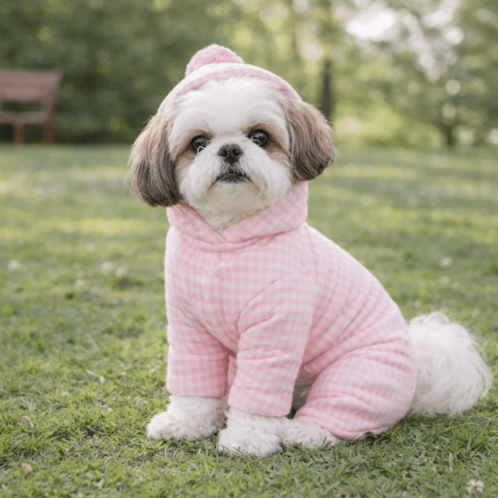 

Fashion Plaid Design Winter Warm Dog Clothes Four Legged Cozy Dog Jumpsuit Thicken with Plush Ball Dog Hooded Coat Outdoor Walk