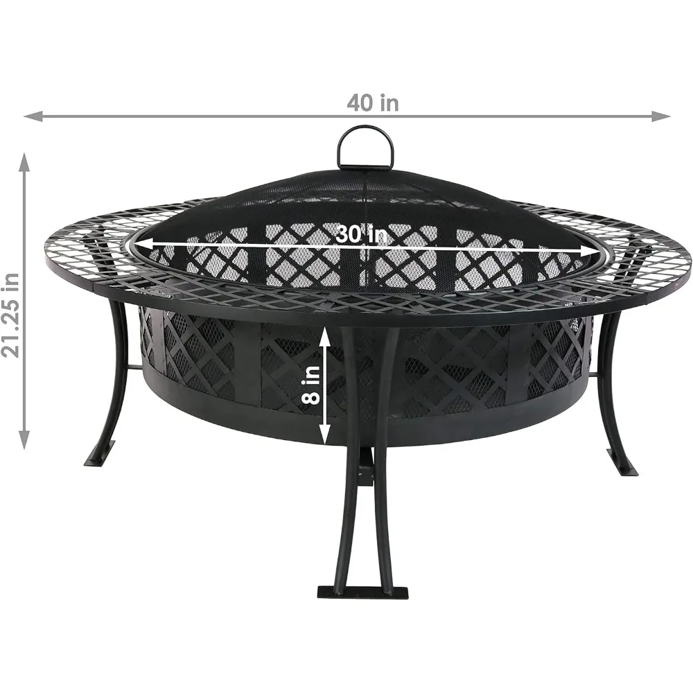 40-Inch Fire Pit Table with Durable Spark Screen and Poker, Portable Design, Diamond Weave, Round Steel Fire Pit