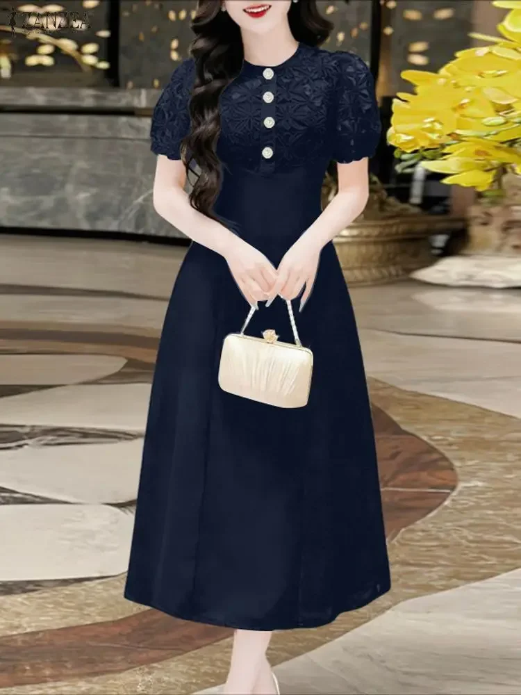 Elegant Party Dress ZANZEA Women Stylish Lace Patchwork Dresses 2026 Summer Short Puff Sleeve Work Sundress High Waist Midi Robe