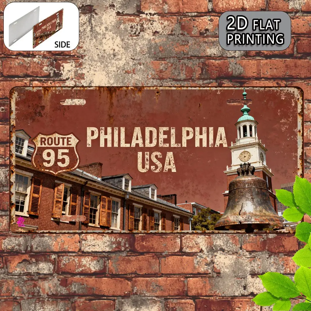 2D Flat, 1pc Philadelphia Vintage Metal Sign - 15x30cm Aluminum Wall Art with Route 95 & Bell Design, Rustic Brown & Decorative