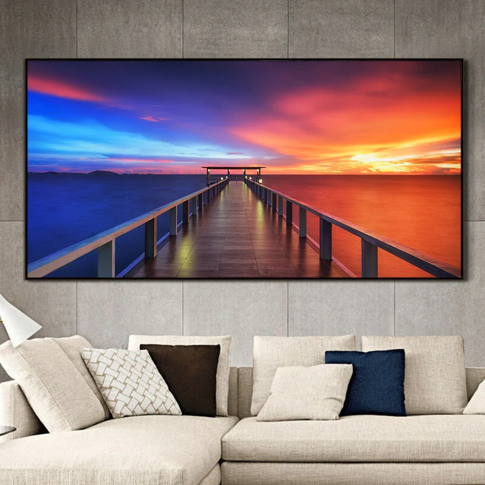 Wooden Pier Bridge Sunset Horizon Landscape Canvas Painting Wall Art Print Mural Decorative Pictures for Living Room