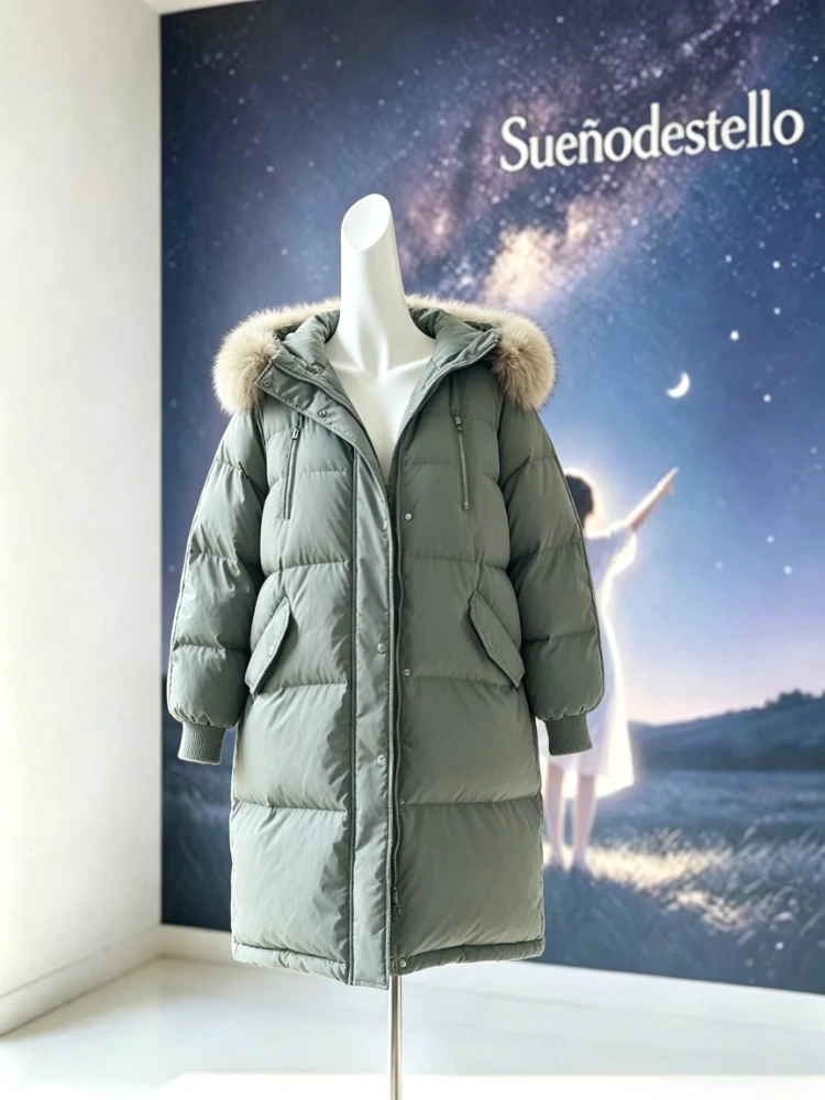 Korean Fashion Oversized Puffer Parka Women Fur Trim Hood Mid Length Big Pocket Thick Warm Winter Casual Female Clothes 2026