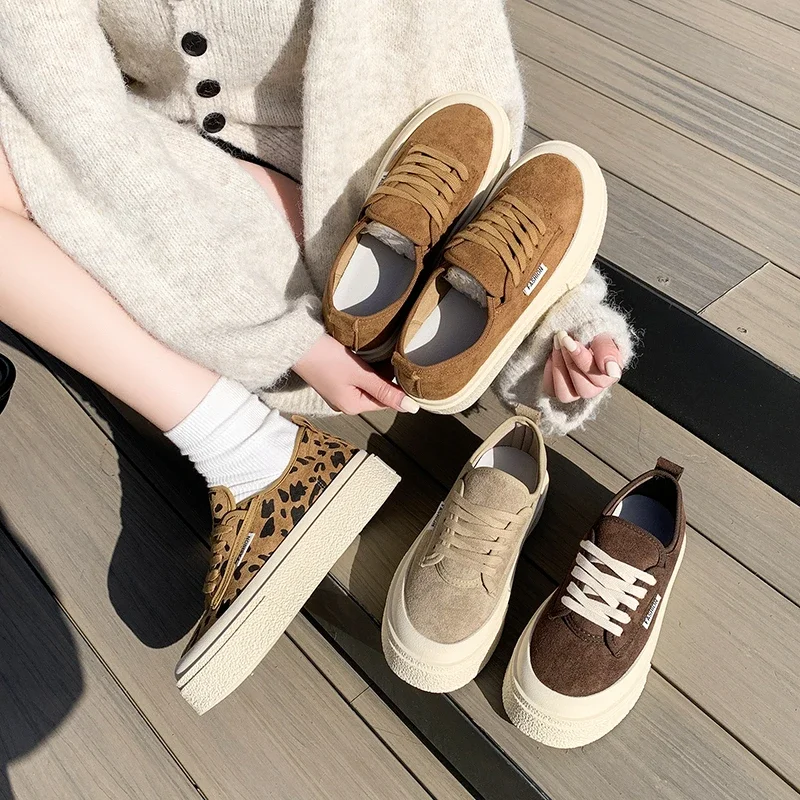 Soft Suede Leather Casual Shoes Women Sneakers Clogs Platform  All-Match Spring Round Toe Cross-tied Frosted Flats Shoes Women