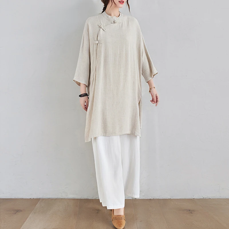 

Loose Faion Set Cotton Linen Wide Leg Pants Elastic Waist Side Button Svel Traditional Modernized Design