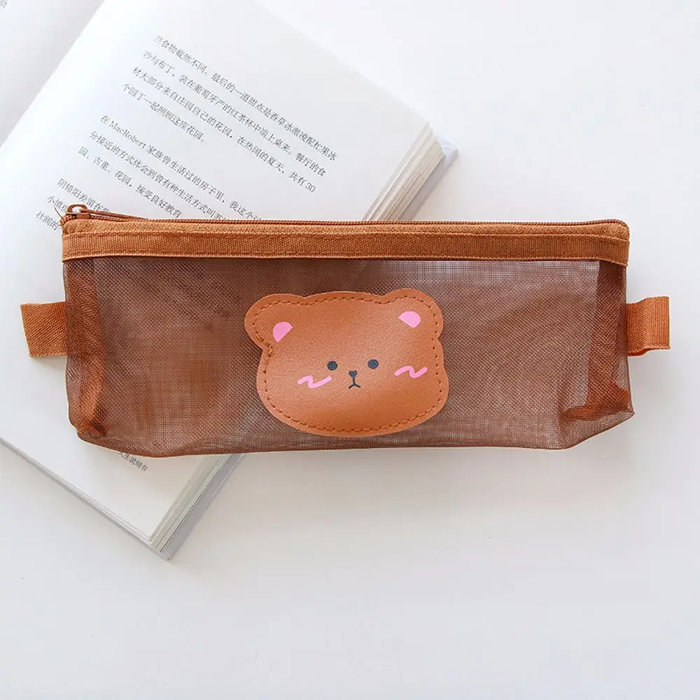 

Brown Stationery School Supplies Large Capacity Mesh Pencil Case Kawaii Pencil Bag Storage Bags Bear Pencil Bags