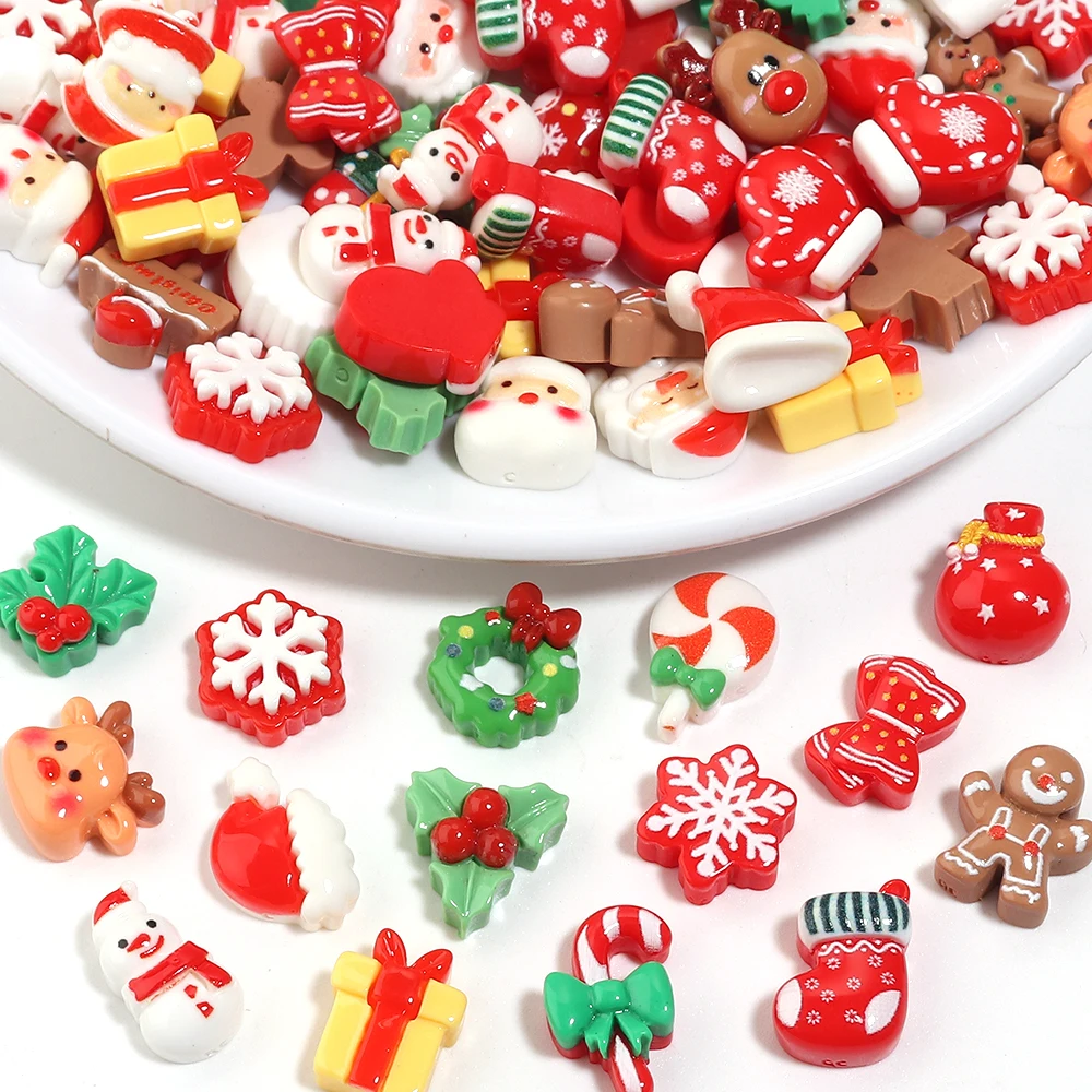 20/40 Stück Harz-Weihnachtsdekorationen: Santa, Schneemann, Schneeflocke, Stechpalme, Weihnachtsbaum, gemischte Flatback-Cabochons für DIY Neujahrs- und Weihnachtsgeschenke und Dekorationen – Detail 5