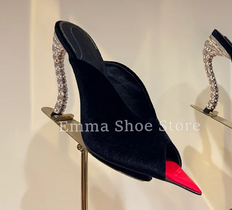 

Novely Pointed Toe Women's Slippers Strange Style Heels Crystal Suede Leather Dress Shoes Trendy Peep Toe Summer Sandals