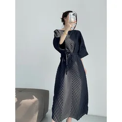 Miyake Pleated 2024 Spring/Summer Luxury Dress French Vintage Hand Pleated Loose Lazy O Neck 3/4 Sleeve Waist Long Dress