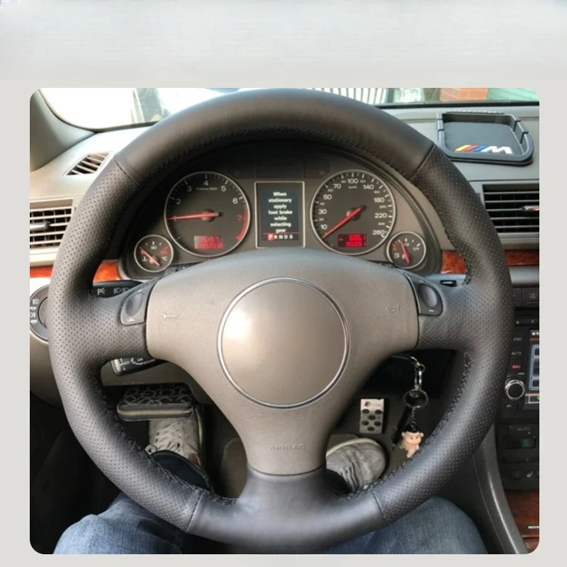 

For Audi A4 A6 2002-2006 Hand-stitched non-slip black Gray genuine leather car steering wheel cover