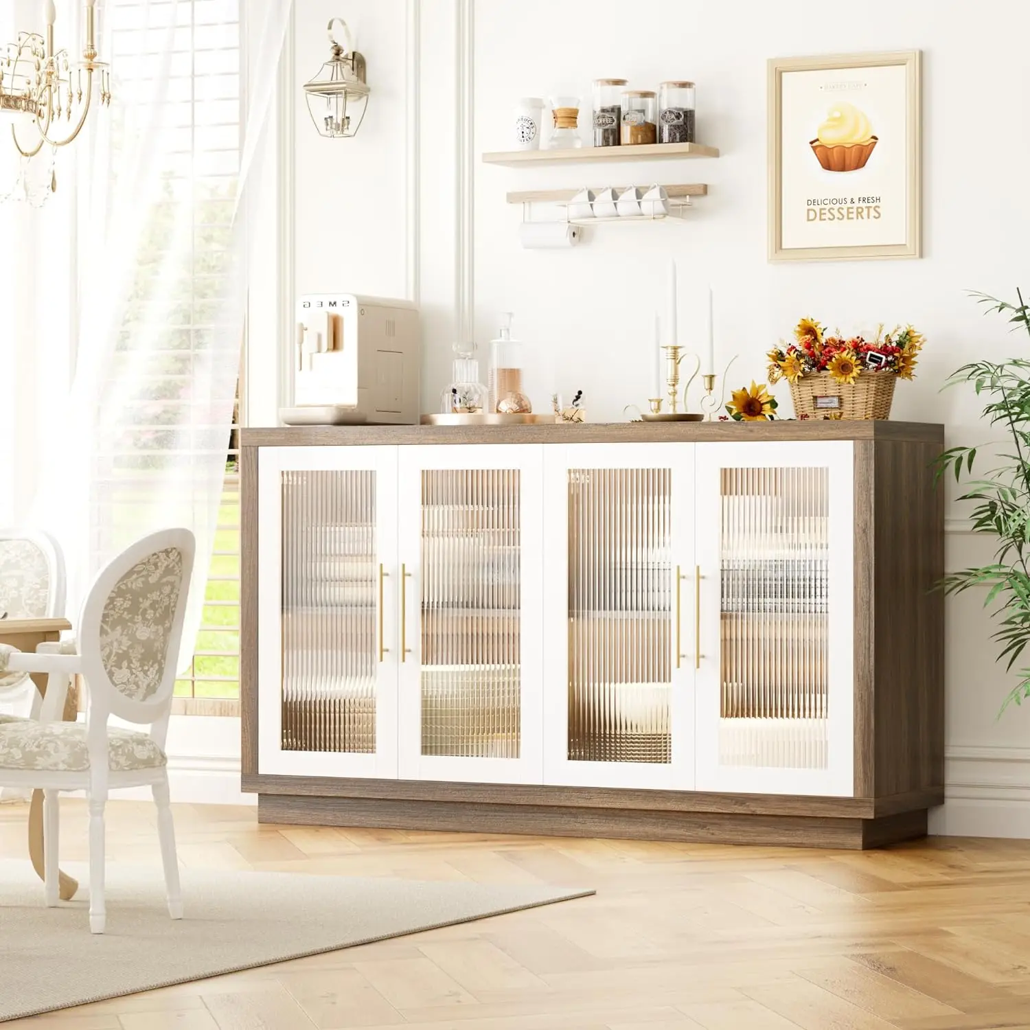 Buffet de cuisine moderne avec 4 portes en verre cannelé, grand Cisco avec rangement, 55.1 po