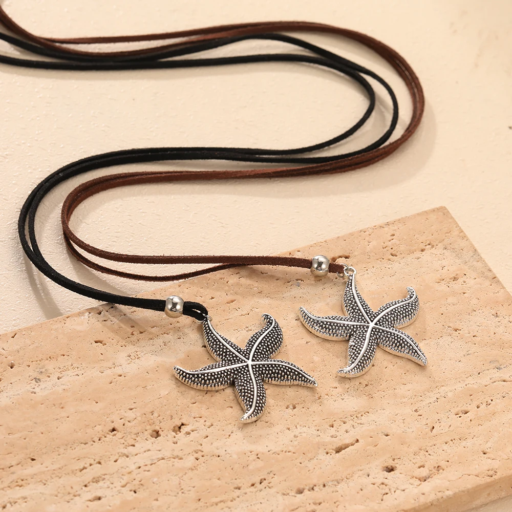 Trendy Boho Big Starfish Pendant Sweater Chain Leather Necklace for Women Beach Bohemia Necklace Party Jewelry Gift