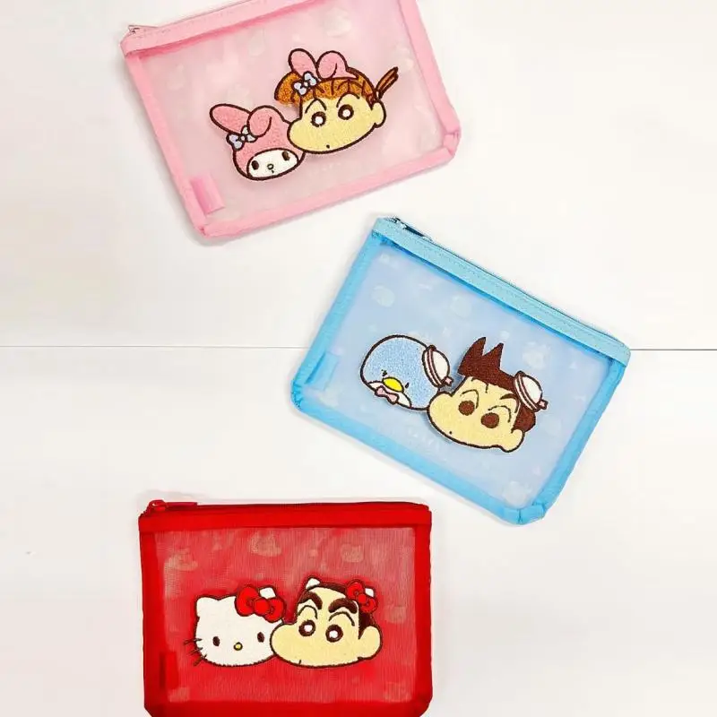 Sanrio Kawaii Crayon Shin-Chan Hellokitty Cosmetic Bag Coin Purse Storage Bag Mesh Pvc Transparent Cartoon Birthday Gift For Kid