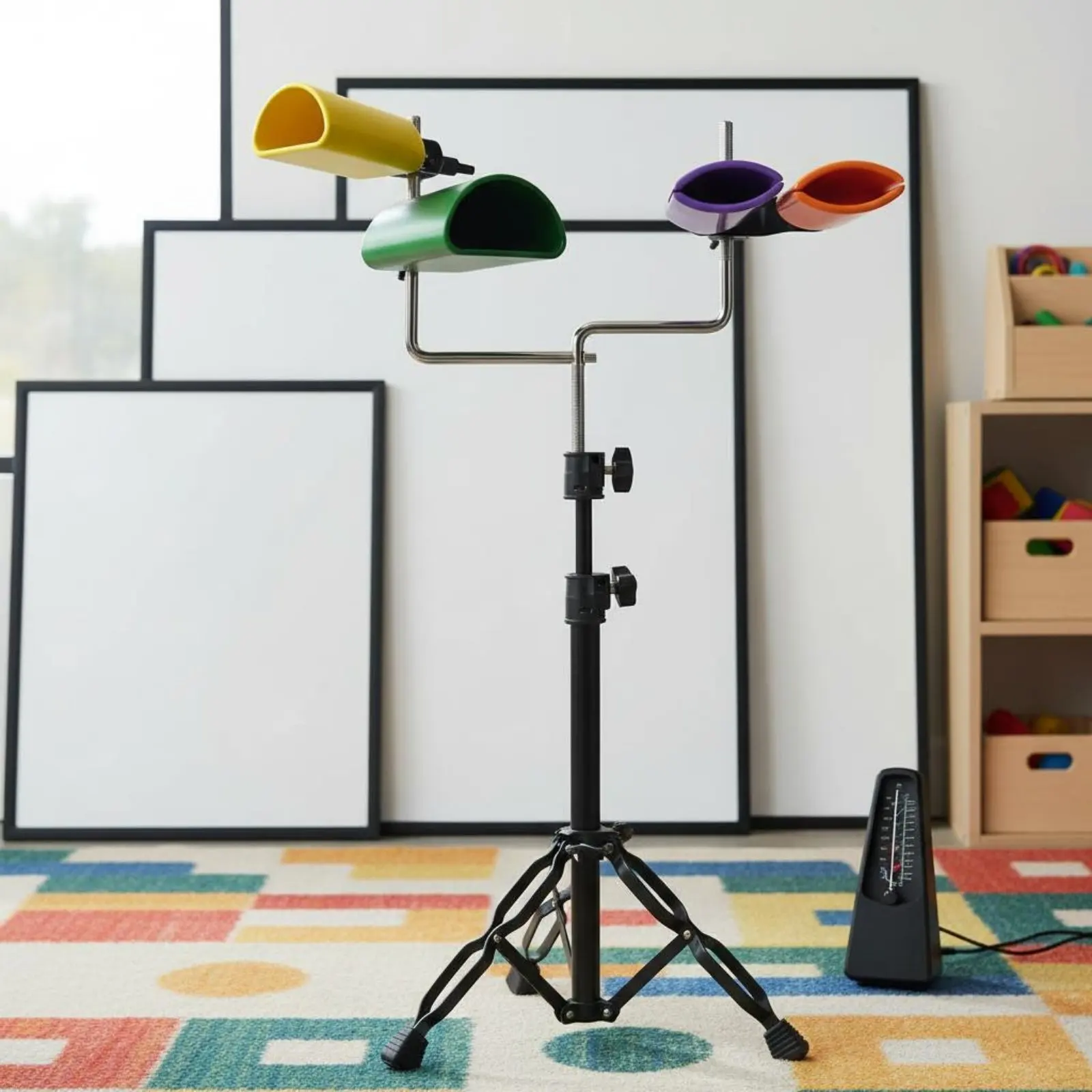 Picture 4: 4 Pieces Cowbell Two-Tone Color Cowbell Stand Set Percussion Instrument Mounted Bracket Easy to Strike for Band Practice