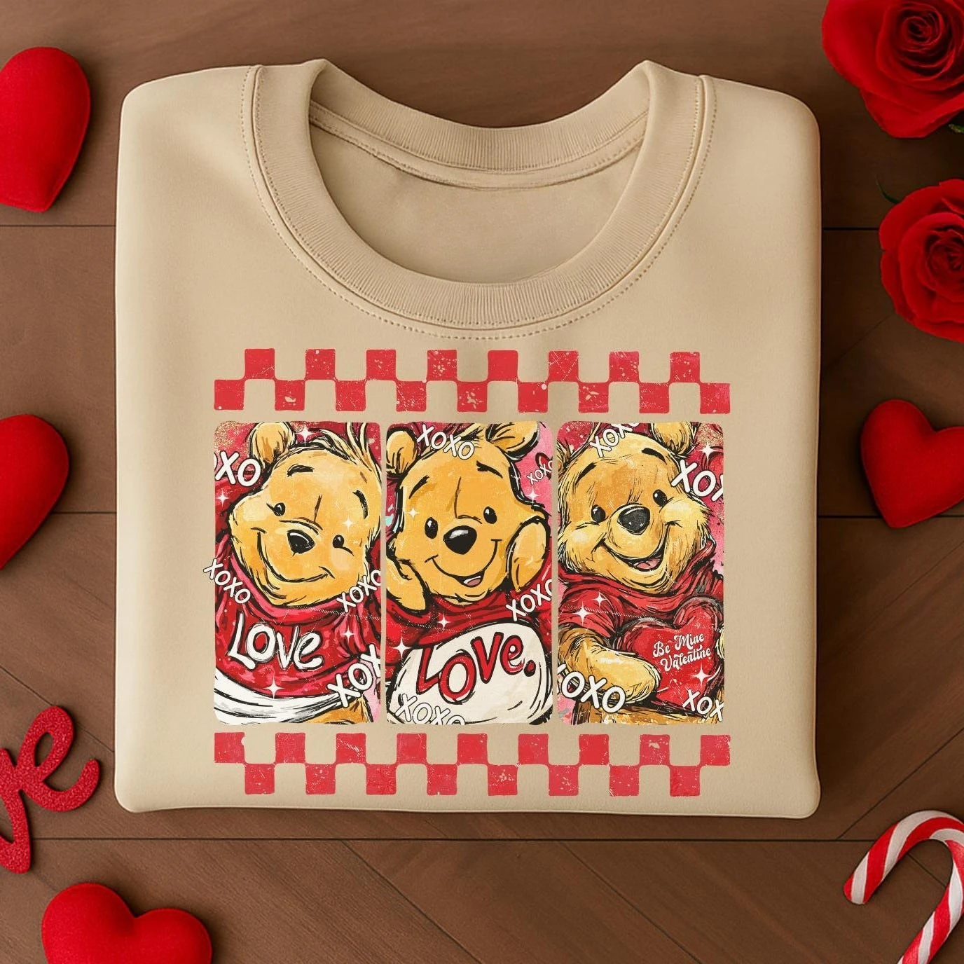 

Толстовка с Винни-Пухом на День святого Валентина, подарок фанату Диснея, клетчатый медведь-Пух, повседневная толстовка с круглым вырезом на День святого Валентина