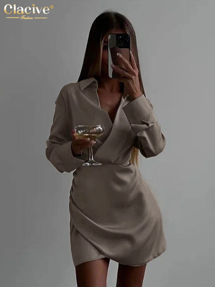 Clacive moda magro vestido de cetim branco senhora bodycon lapela manga longa mini vestido elegante clássico sólido vestidos para mulher 2025