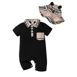 Baby Boys Romper Set Short Sleeve Turn-down Collar Plaid Summer Short Jumpsuit with Hat 2 PCS Infant Clothes Set