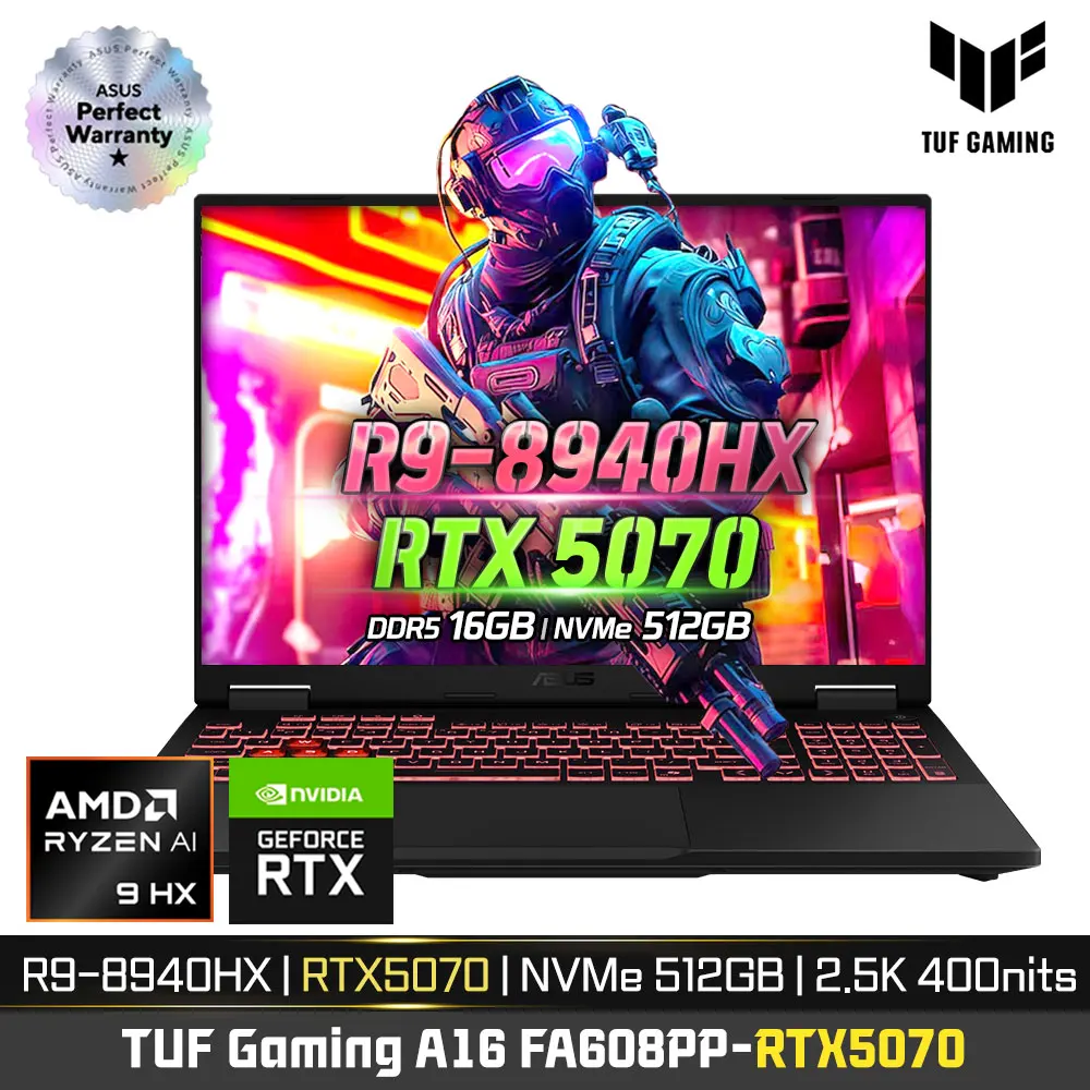 Asus Tuf Gaming A16 Fa608Pp Rtx5070 Amd R9-8940Hx 16Gb Ram Gaming Laptop
