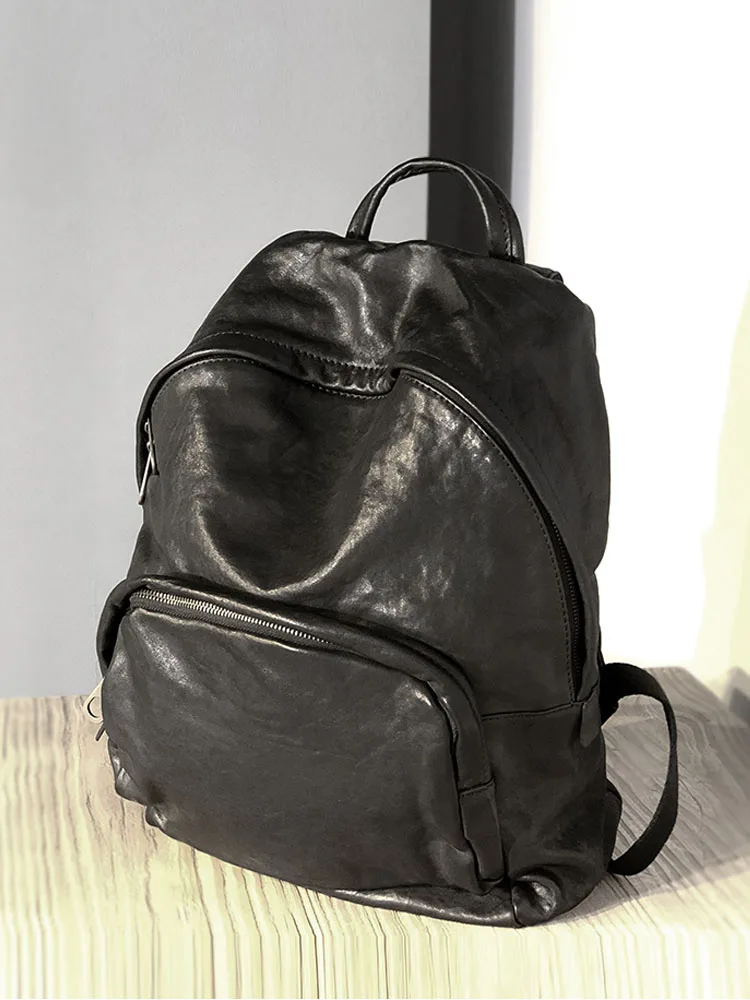 Fashion Mens Travel Bag Daily Casual Simple Black Vintage Cowhide Genuine Leather Backpack Zipper Unisex Student School Backpack