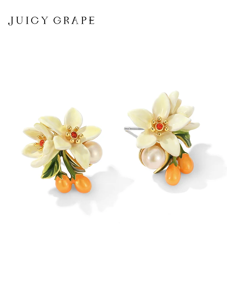 Enamel ear clips, earrings, white orange blossom kumquat stud earrings.