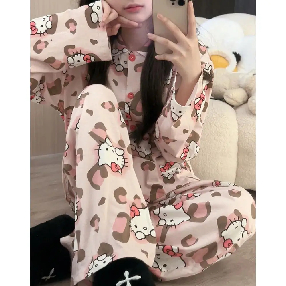 Japanese Cartoon Kt Cat Pajamas Home Clothes Women Spring and Autumn Sweet Cute Girly Wear Outside Long Sleeves Loungewear Set