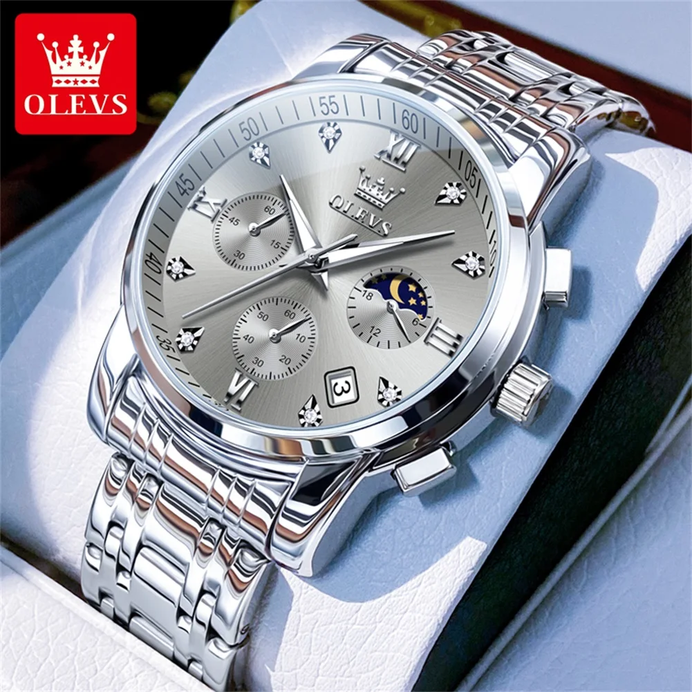 OLEVS 2858 Quartz Watch for Men Classic Three Eye Chronograph Small Dial 24 Hour Moon Phase Luxury Original Men's Watches Gifts