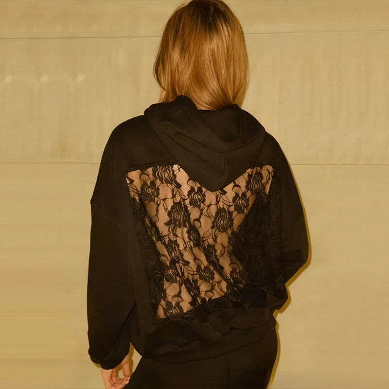 

BKLD сексуальный цветочный узор с открытой спиной, полые женские шикарные толстовки с длинными рукавами, свободный крой, черный пуловер с карманами, лоскутные толстовки, уличная одежда