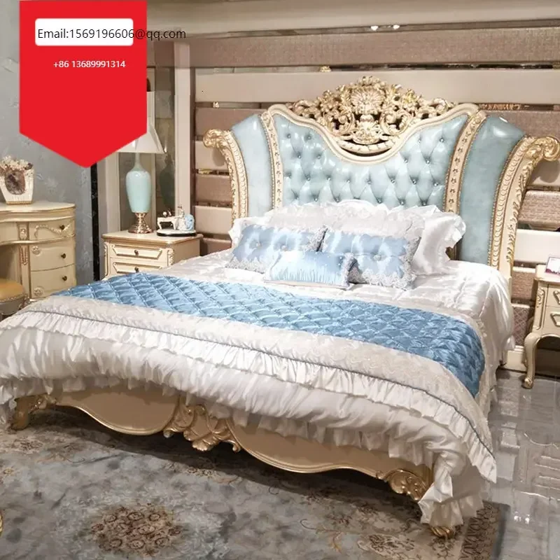 

European-style Italian court double French leather wedding villa luxury carved big bed