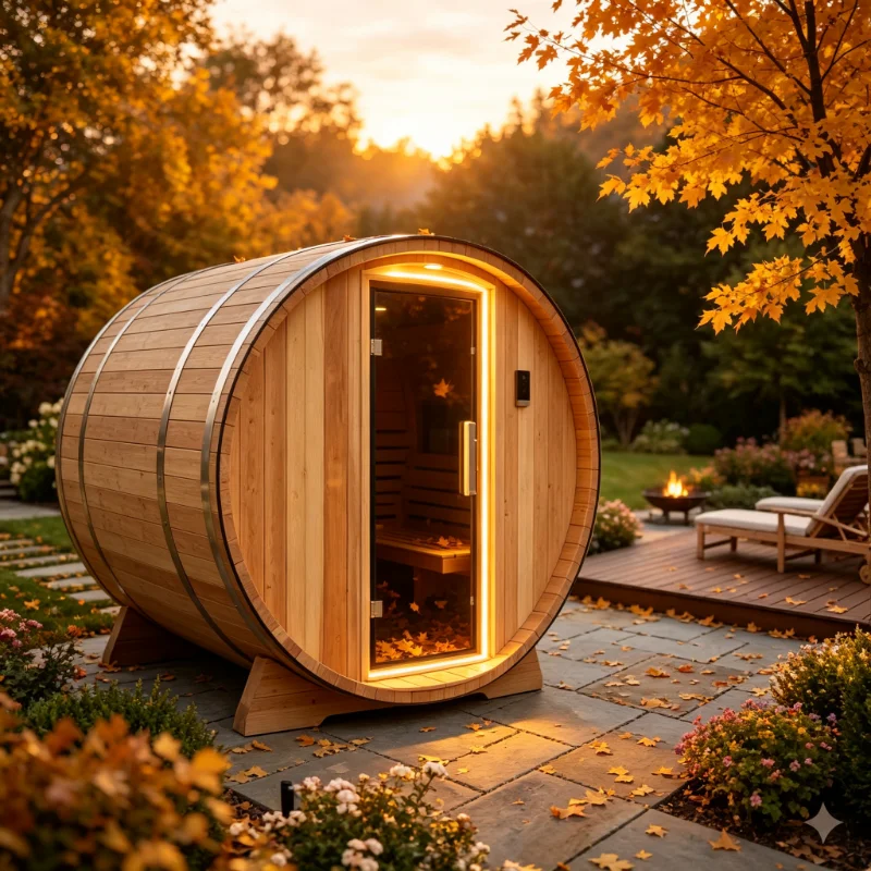 Innovative Europe Outdoor Barrel Sauna Single Piece Red Cedar With Waterproof Fiberglass Tile Roof ETL Smart Wellness