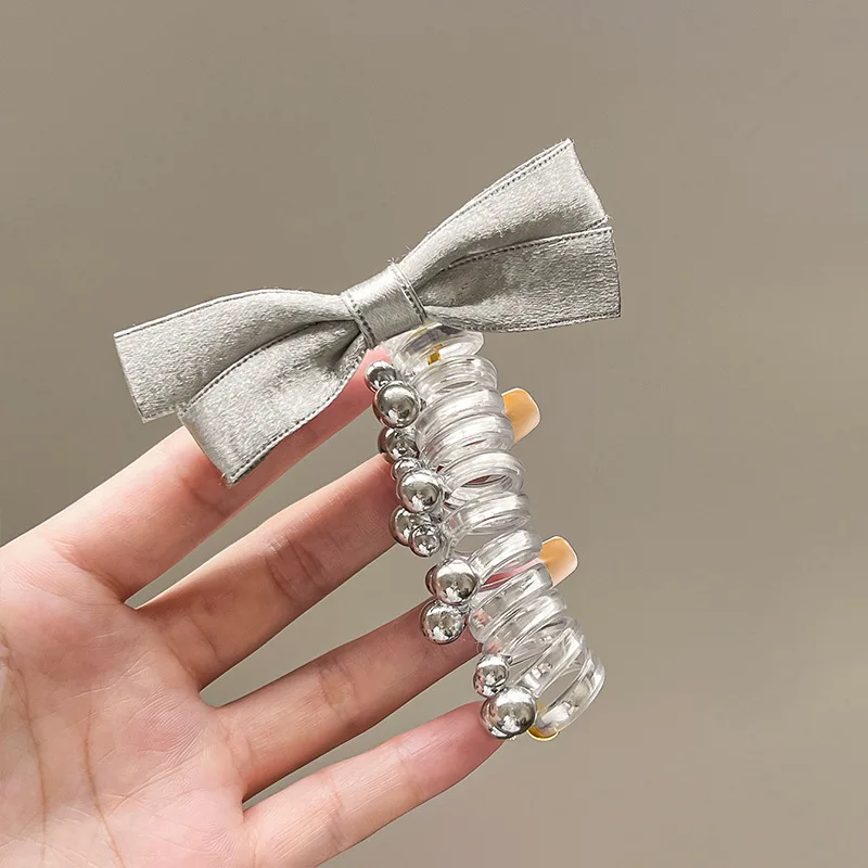 Korean silver bow beads phone line hair band female ponytail seamless hair rope bubble braided hair artifact headgear hairpin