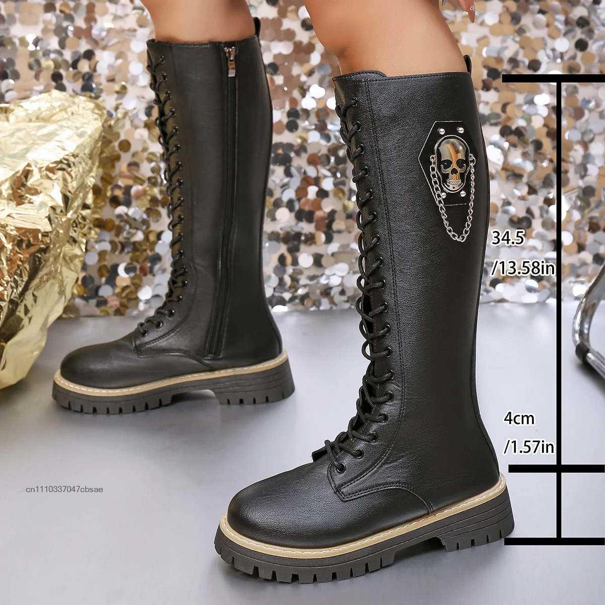 Women Gothic Black Platform Combat Boots Skull Chain Decor Punk Rock Chunky Sole Motorcycle Boot Party Daily Street Wear Shoes