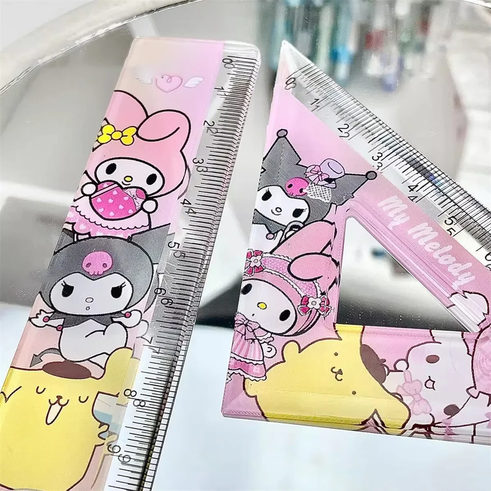 4pcs/Set PVC Cartoon Cute Kuromi Melody Triangle Ruler Straightening Set Students Office Stationery Kid Measurement Drawing Gift