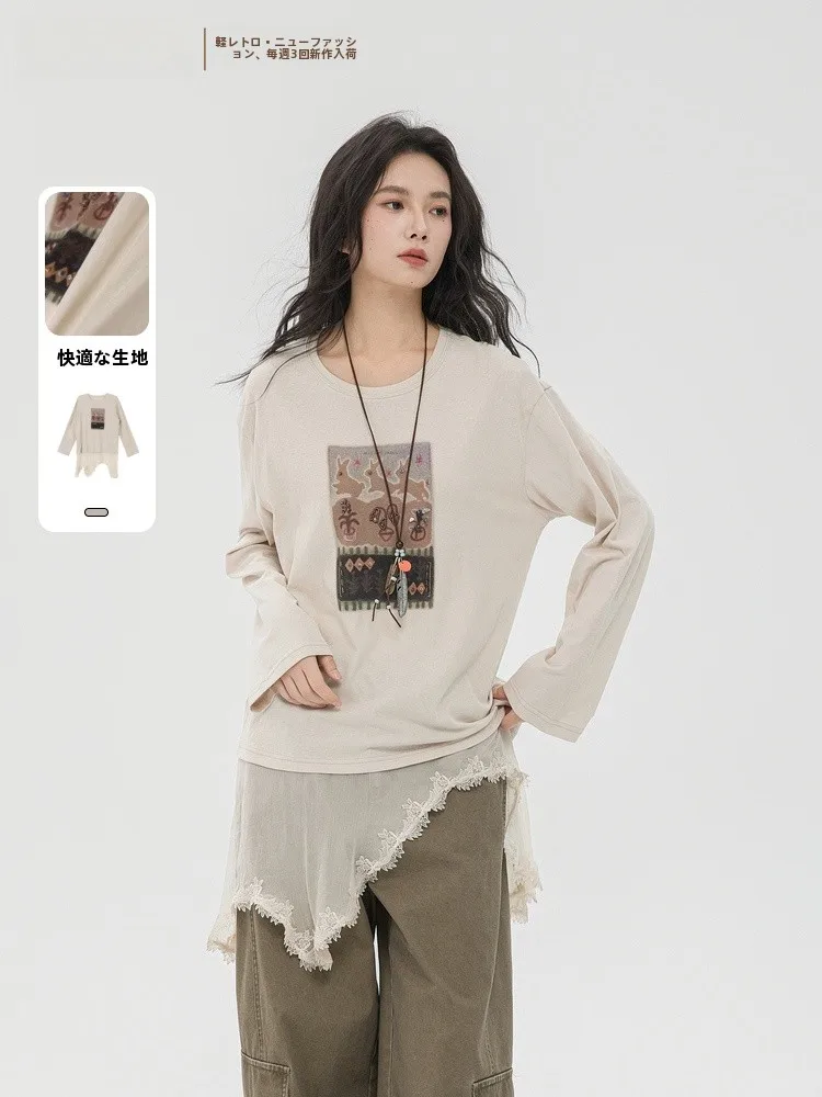 

Loose Fit Long Sve T-irt round Ne Splicing Print Casual Daily Wear Spring 2026 Memory's Starting Point Ladies Top