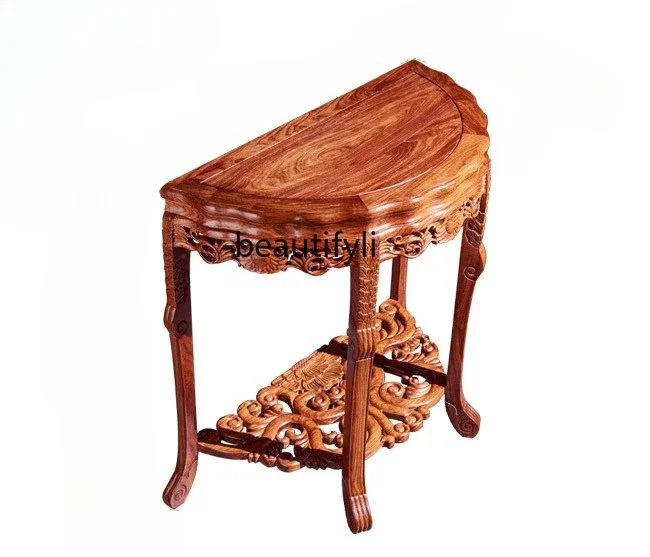 

Hedgehog red sandalwood entrance table solid wood entry rosewood Chinese semi-round table against the wall mahogany