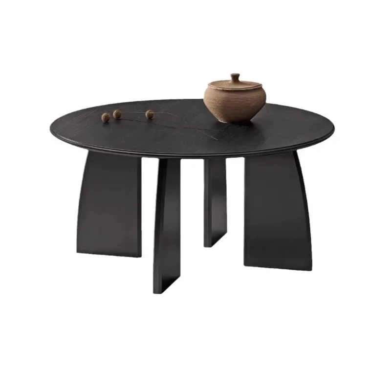 

Black solid wood small coffee table Japanese round zen tea table wabi-sabi ash wood round