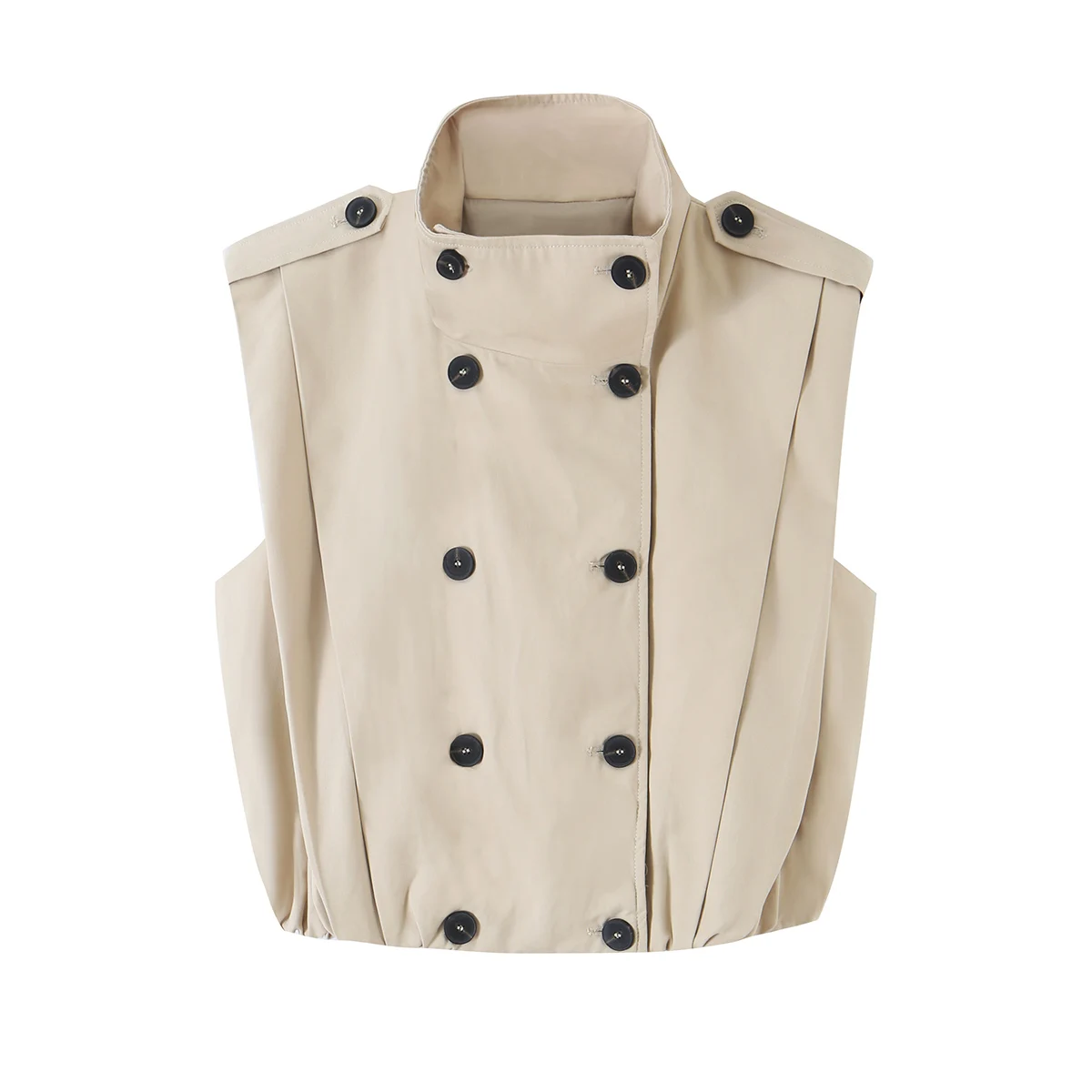 Women's Vest 2026 Autumn New Fashion Stand Collar Double Breasted Epaulet Button Ruffle Hem Sleeveless Cropped Casual Top
