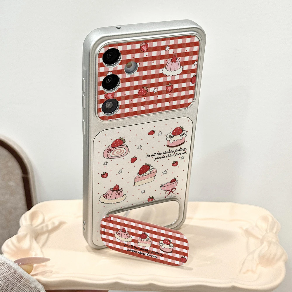 Handyhülle für Apple iPhone 17 16 15 14 13 12 Pro Max X XR Hüllen Niedliche Erdbeer-Dessert Stoßfeste Hülle mit Passendem Spiegelständer Funda