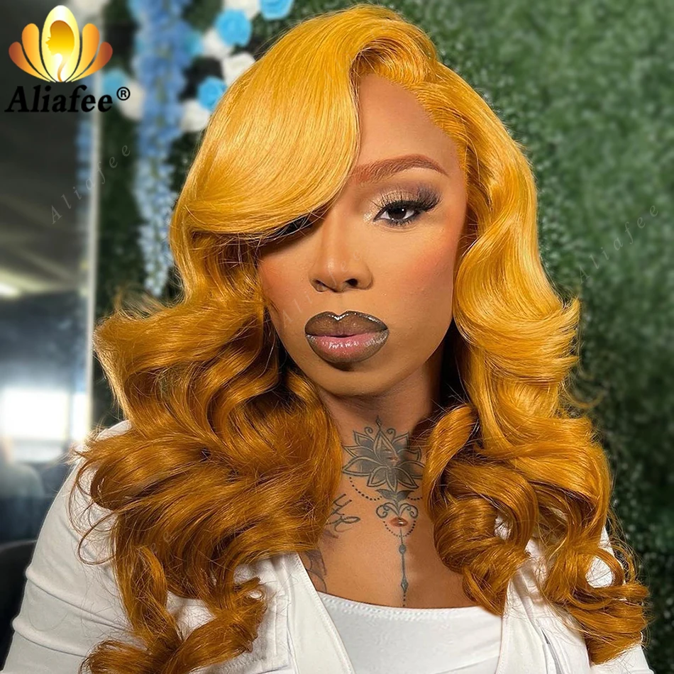 

Gold Yellow Brown Color 13X4 13X6 Body Wave Lace Frontal Wigs Transparent Ombre Color Preplucked Human Hair Wigs For Women