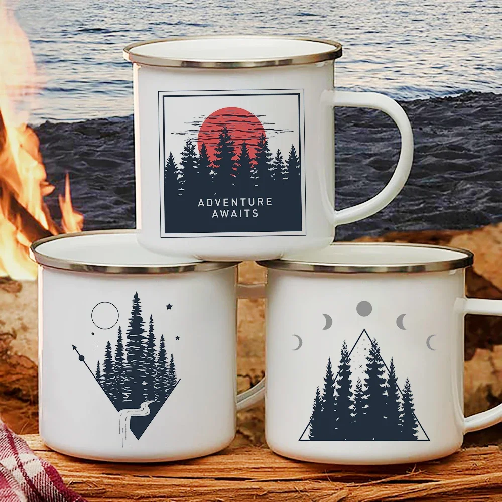 Sunset Forest Creek Creative Enamel Coffee Mugs Outdoor Travel Water Cups Camping Bonfire Party Beer Drink Milk Mug Best Gifts