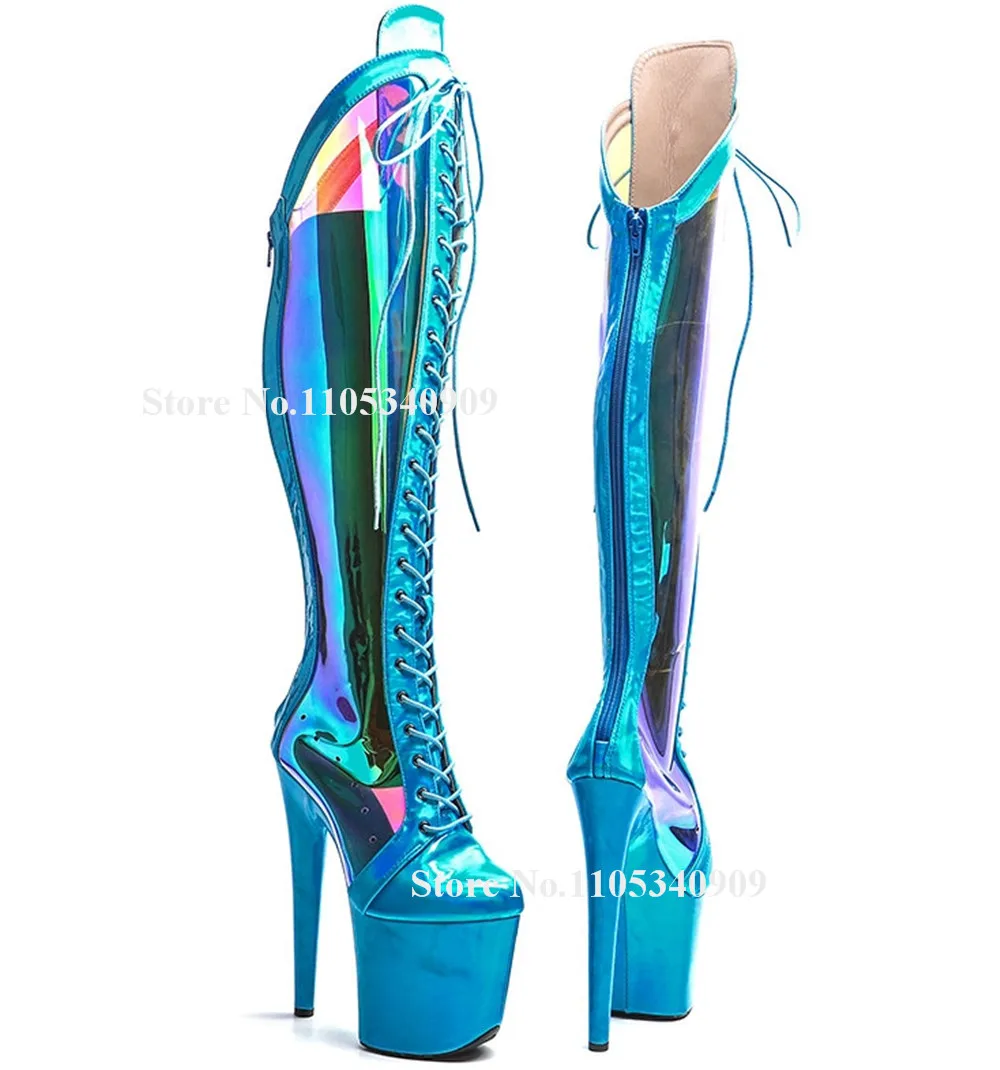 Bondarenko Shining Blue Patent Leather Patchwork PVC Thin Heel Over Knee Boots Round Toe Lace-up High Platform 20cm Dance Shoes