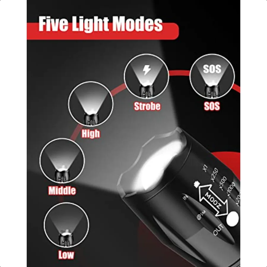 LED-zaklamp 2-pack Heldere tactische zaklamp Hoge lumen met 5 modi Waterdicht zoombaar flitslicht voor buitencadeaus voor mannen
