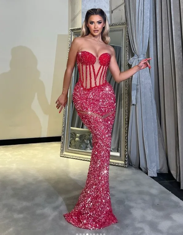 2026 Women Celebrity Sexy Strapless Sequins Patchwork Rose Red Maxi Long Dress Elegant Evening Club Party Outfit